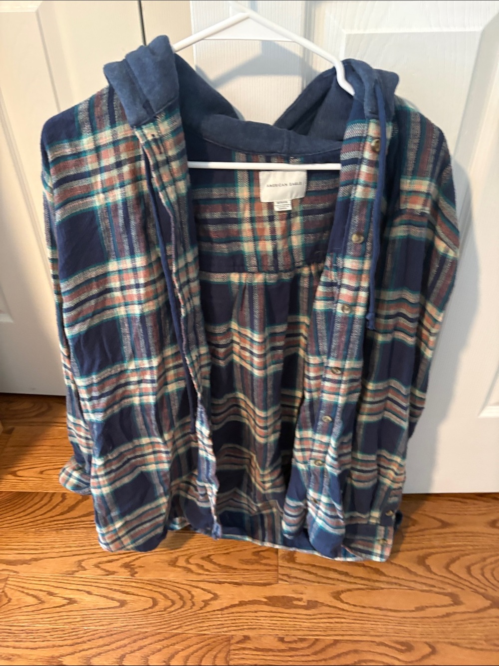 American Eagle Outfitters Navy and Cream Plaid Hooded Button-Down Shirt
